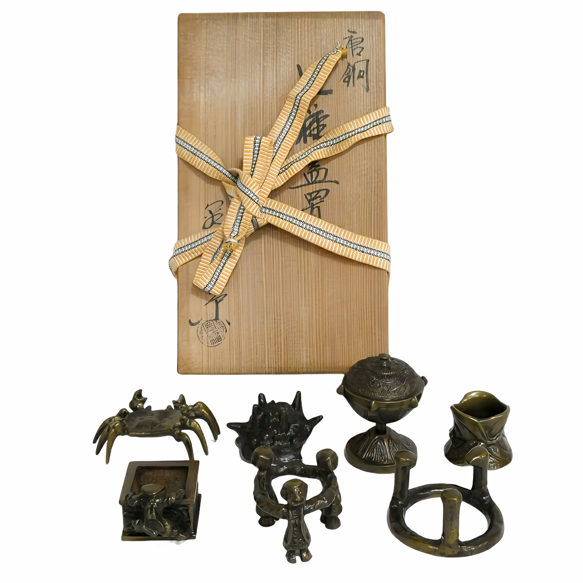 （五月☆特売品）高岡鋳師 金森紹栄作 唐銅 七種蓋置 茶道具 セット【中古・美品】