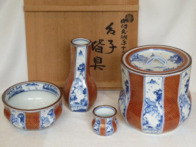 （五月◆特売品）平安 手塚祥堂作 染付金襴手 十二角台子皆具 茶道具【税込・送料込】【中古・美品】