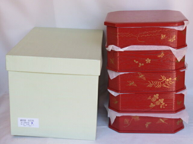 (四月◆特売品)淡々斎好写 花鳥蒔絵 朱掻合塗縁高重USED〔税込・送料込〕【中古・未使用】