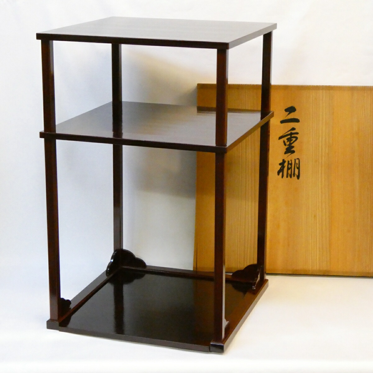 【五月の特売品】江戸指物師 渡辺可映作 溜塗 二重棚 表千家 吸江斎好写 茶道具【中古 美品】
