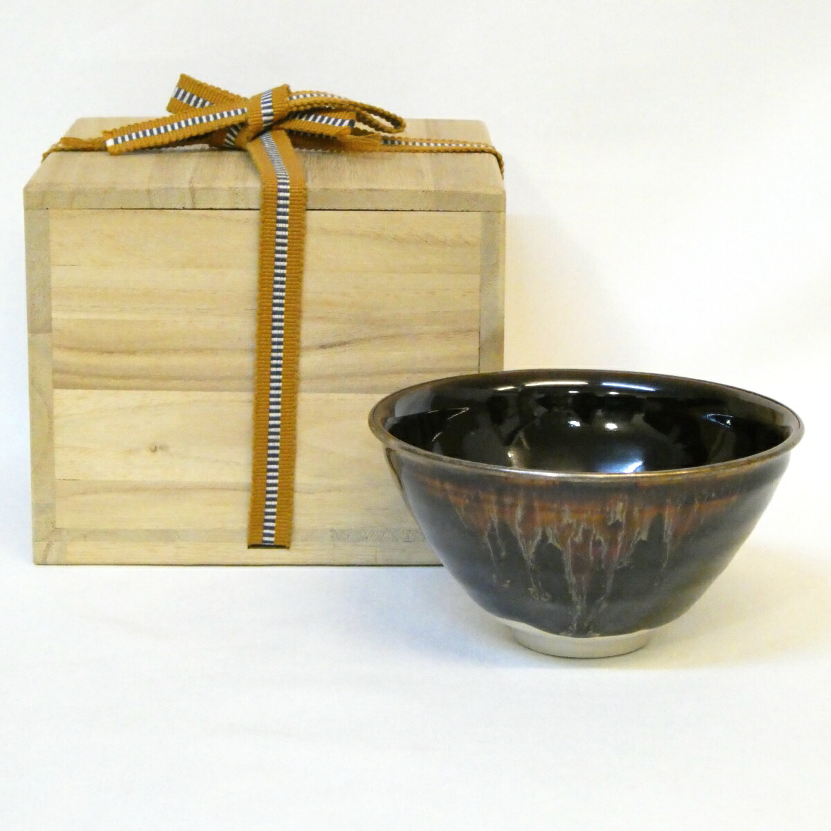 【合わせ箱】桶谷定一作 天目茶碗 銀覆輪 茶道具【中古 美品】