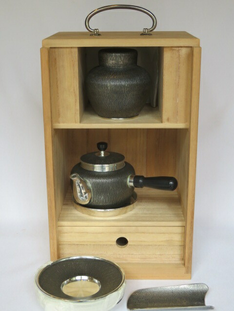 （六月◆特売品）浪華 錫半製 本錫 嵯峨野茶器セット〔茶入・急須・台・茶托五客・茶合〕【税込・送料込】【中古・未使用】