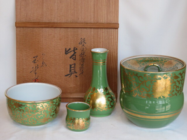 （七月◆特売品）玉堂窯 手塚玉堂作 緑地金襴手唐草文 台子皆具 茶道具【税込・送料込】【中古・美品】