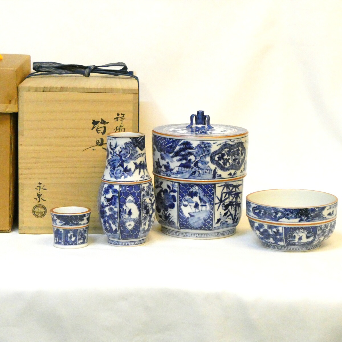 【八月の特売品】平安 勝見永泉作 祥瑞 皆具 染付 一揃 茶道具【中古 美品】