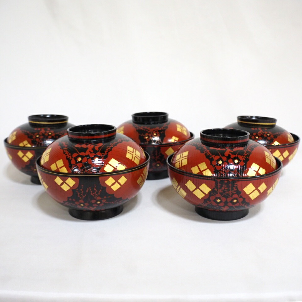 【懐石道具バラ売り特価】煮物椀 正法寺蒔絵 五客  木製 〈税込・送料込〉【中古】
