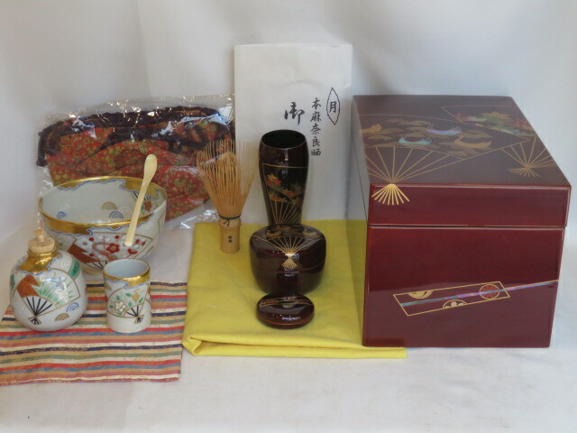 （九月◆特売品）平安 鈴木光入作 扇面散蒔絵 茶箱セット 上茶杓 三点仕覆 手塚央作 茶碗三点セット 振出 巾筒 棗 茶道具 【税込・送料込】【中古・美品】