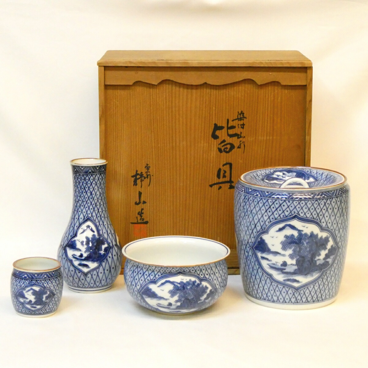 【九月の特売品】平安 富田静山作 染付 山水 台子皆具 一揃 茶道具【中古 美品】