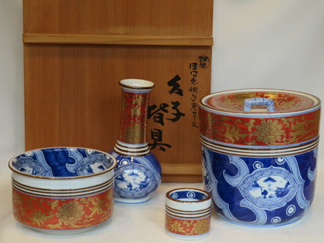 （十月◆特売品）平安 手塚祥堂作 染付金襴手 唐草文台子皆具 茶道具【税込・送料込】【中古・美品】