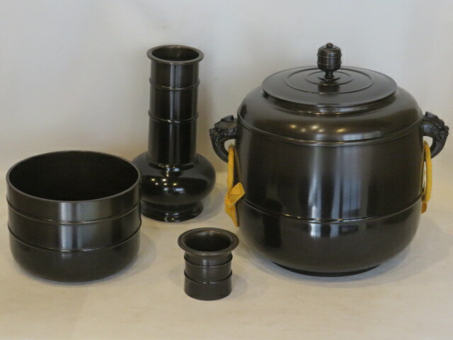 (十一月◆特売品)高岡鋳師 金屋長兵衛作 唐銅皆具 一揃 鍋長色 茶道具【税込・送料込】【中古・未使用・シミ】