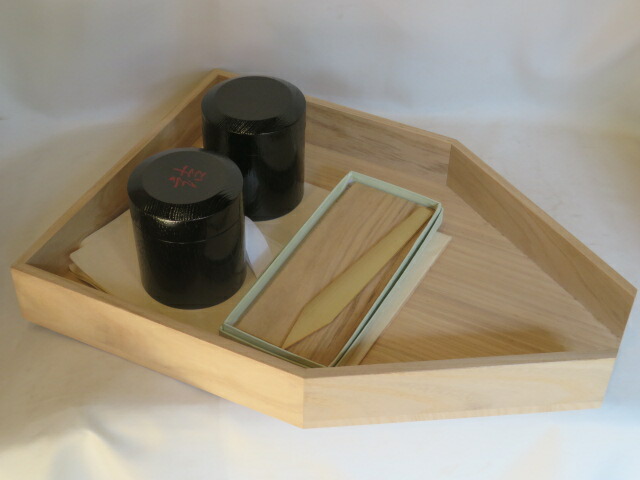 (十一月◆特売品)大崎雄斎作 葉茶漏斗(糊板・ヘラ付)・挽家一双「詰茶入」セット〈送料込〉【中古・美品】