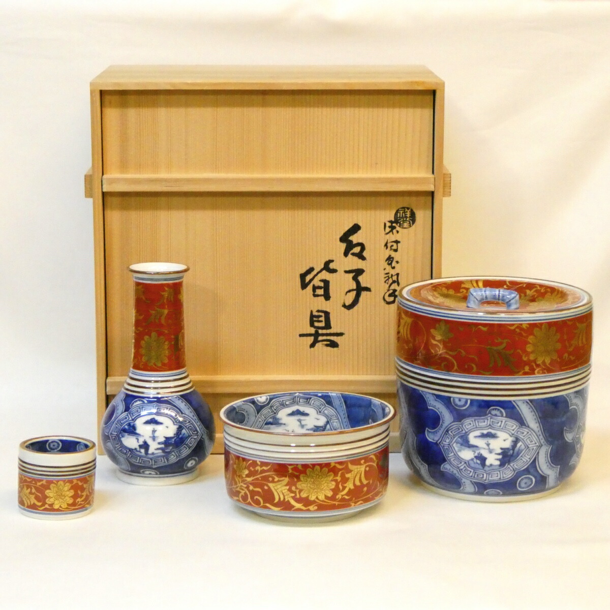 【十一月の特売品】平安 手塚祥堂作 染付金襴手 唐草文台子皆具 茶道具【中古 美品】