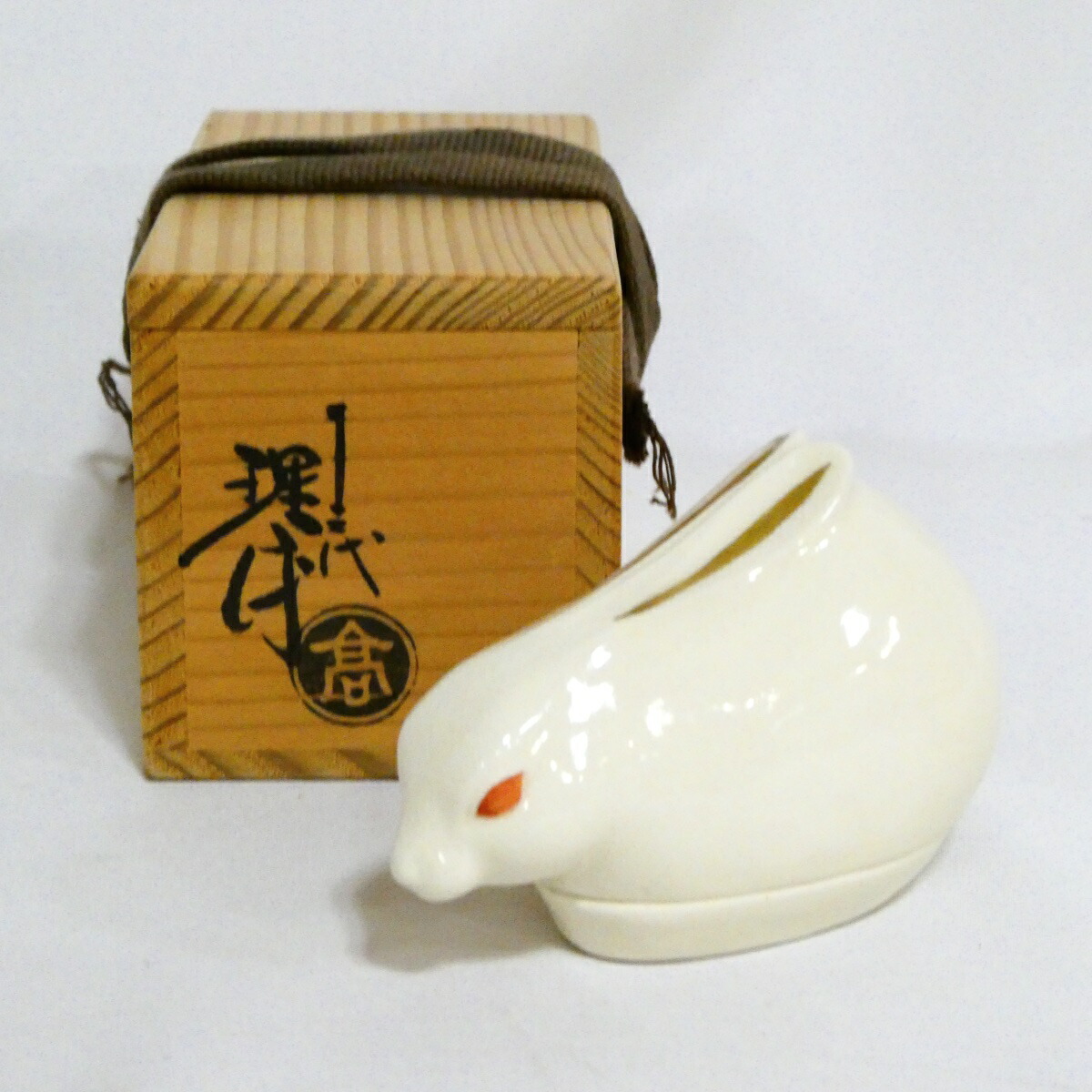 【理平焼・干支香合祭り】香川県高松焼 十三代 紀太理平作 卯(兎)香合 茶道具【中古・美品】