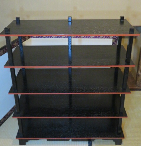 （十二月◆特売品）懐石道具 木製組立式 五段配膳棚  木製五本柱【引出し付】〈紙箱入〉和風陳列棚〔税込・送料込〕【中古・美品】