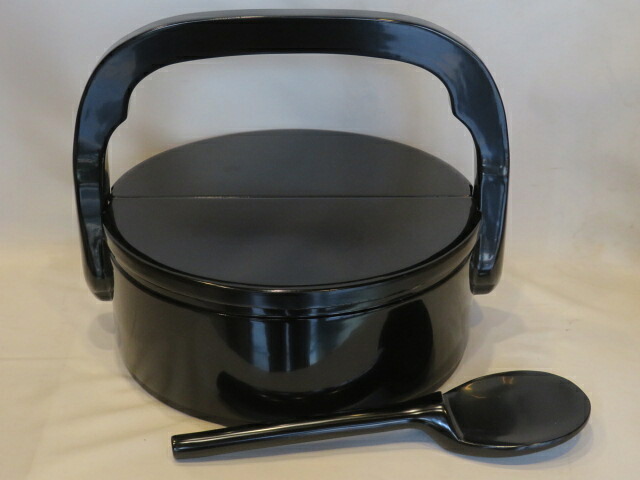 （十二月◆特売品）風炉用 利休形 木製黒真塗手付飯器 杓文字付〔中古・小傷〕【税込・送料込】