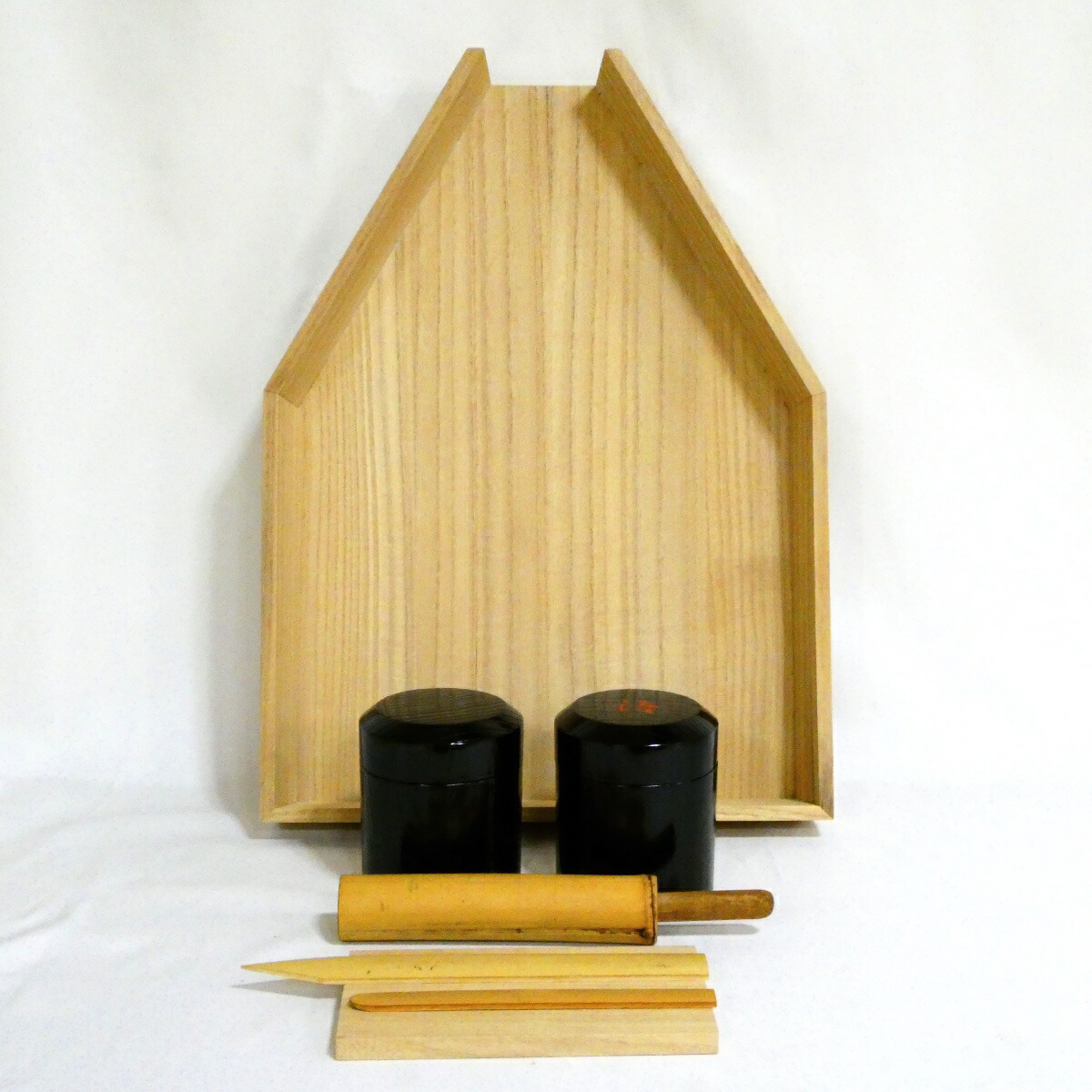 【口切りの茶事】大崎雄斎作 葉茶漏斗（糊板・ヘラ・小刀付）・挽家一双「詰茶入」セット 茶道具