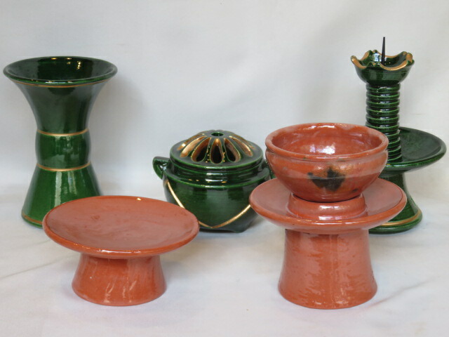 （新春）七世 川崎和楽作 三具足 供茶茶碗 盛物台セット 青楽 赤楽 利休忌 【税込・送料込】【中古・美品】