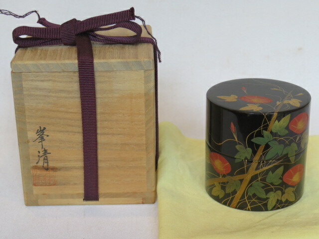 （新春）塗師 峯清作 中次 茶器 朝顔蒔絵 木製 【税込・送料込】【中古・美品】