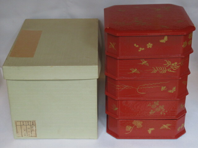 （初売り）淡々斎好写 花鳥蒔絵 朱掻合塗縁高重USED〔税込・送料込〕【中古・美品】