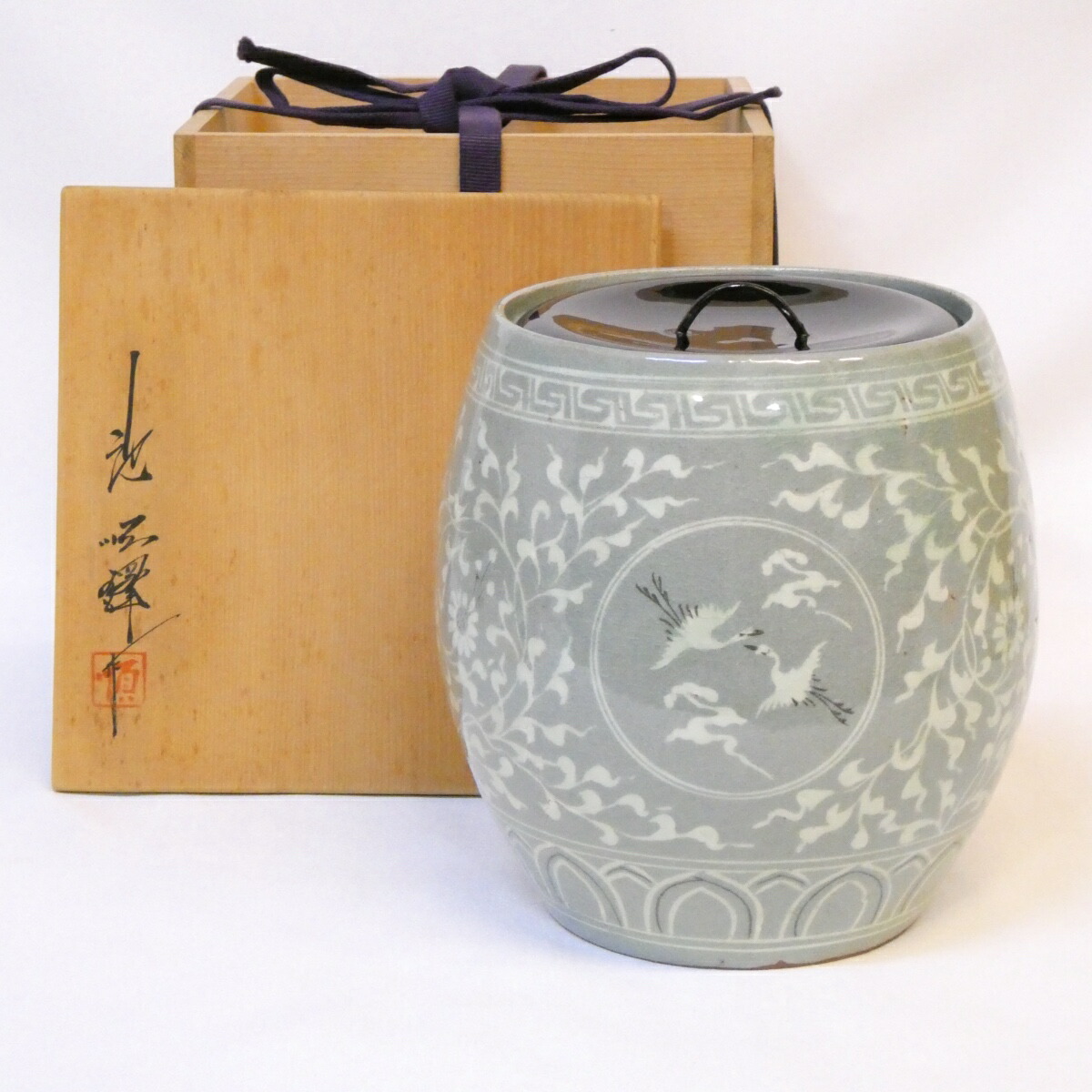 【韓国人間文化財】池順鐸(ジ スンタク)作 雲鶴 水指 高麗青磁 塗蓋 茶道具 【中古 美品】