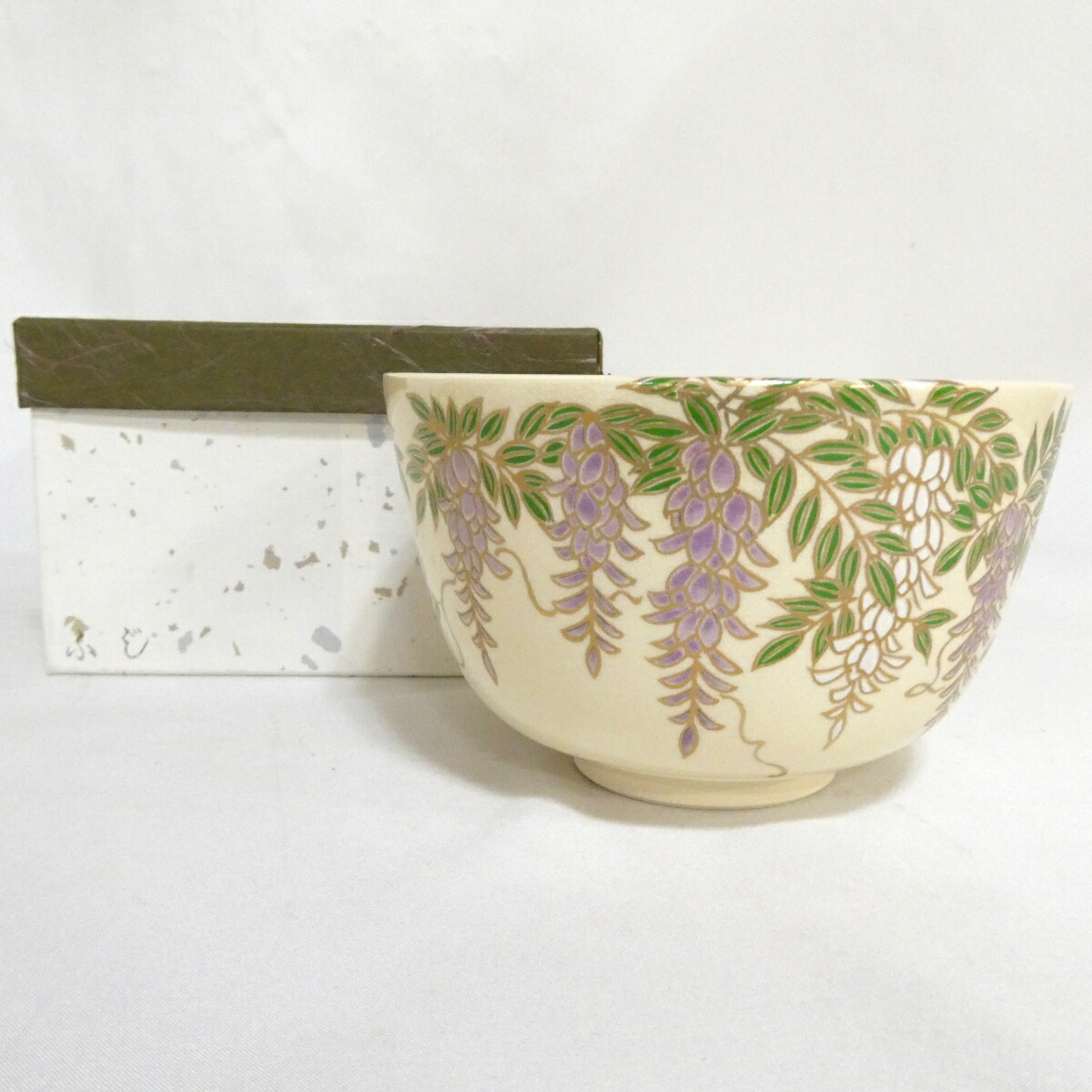 【季節のお茶碗】宮地英香作 色絵 藤の絵 茶碗 茶道具 紙箱【新古品】