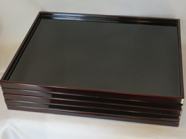 （卯月）木製溜塗 卓上膳五客売り 長角懐石膳 点心盆 【税込・送料込】【中古・美品】