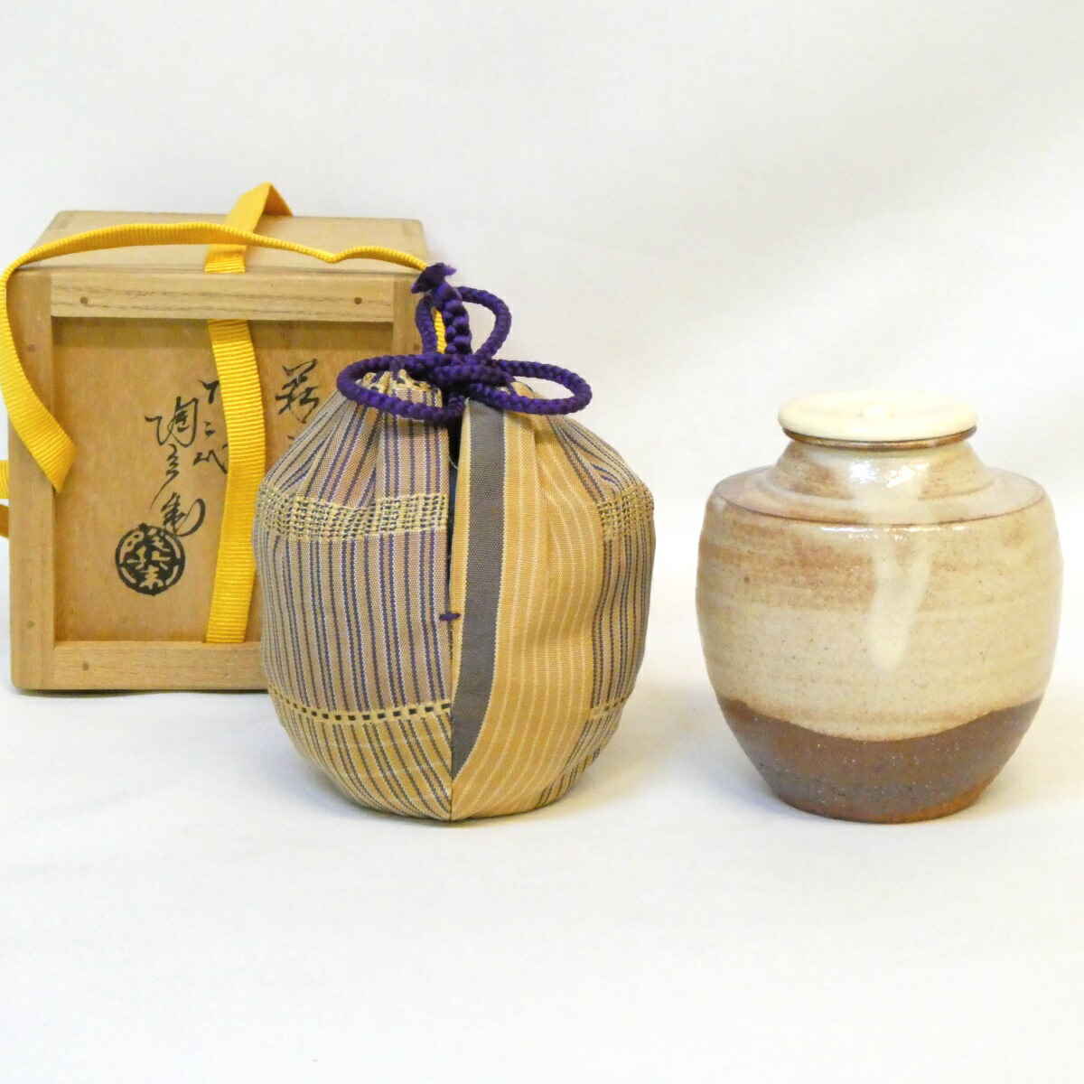 【弥左衛門間道仕覆添え】十二代 田原陶兵衛作 萩焼 肩衝茶入 茶道具 山口県指定無形文化財【中古 美品】