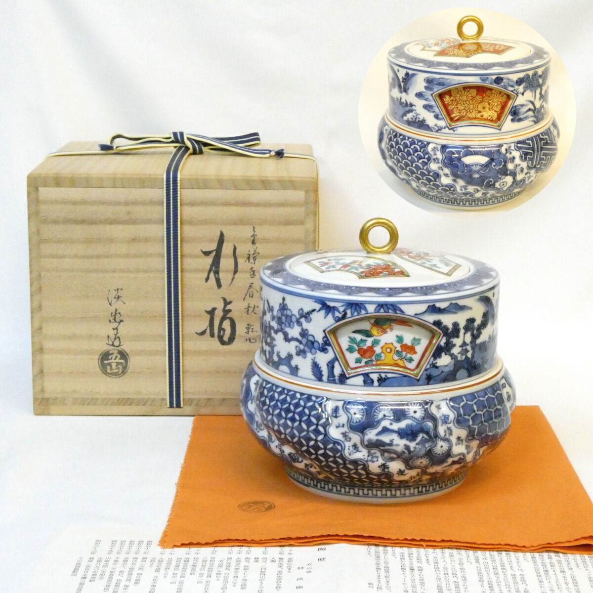 【景色替え 窓中蓋】五山窯 林淡幽作 金襴手 春秋 転心 水指 染付 色絵 茶道具 【中古 美品】