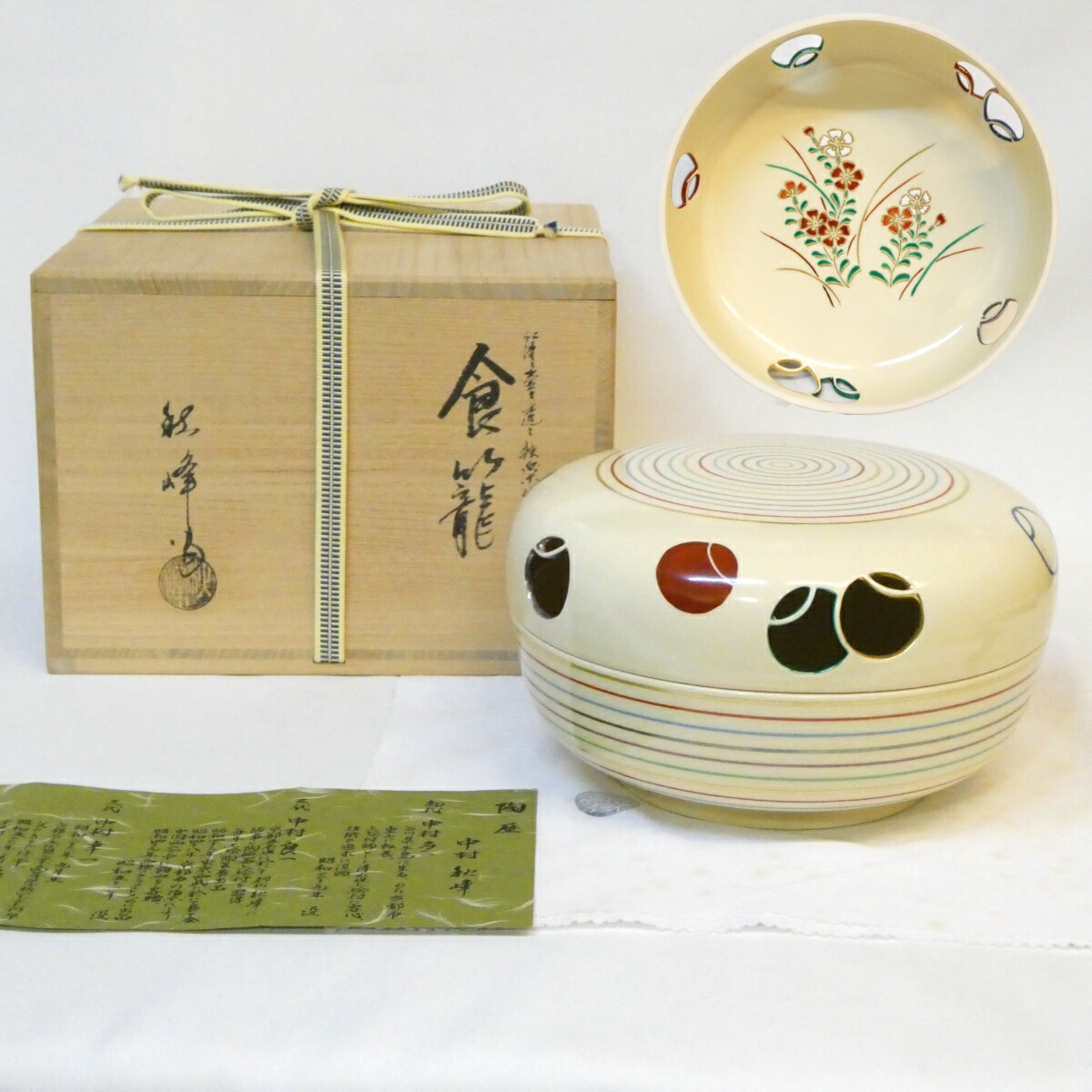 【五月の特売品】平安 中村秋峰作 仁清写 壺々透し 独楽文 食籠 撫子絵 喰籠 菓子器 食篭 喰篭 高級茶道具【中古 美品 】