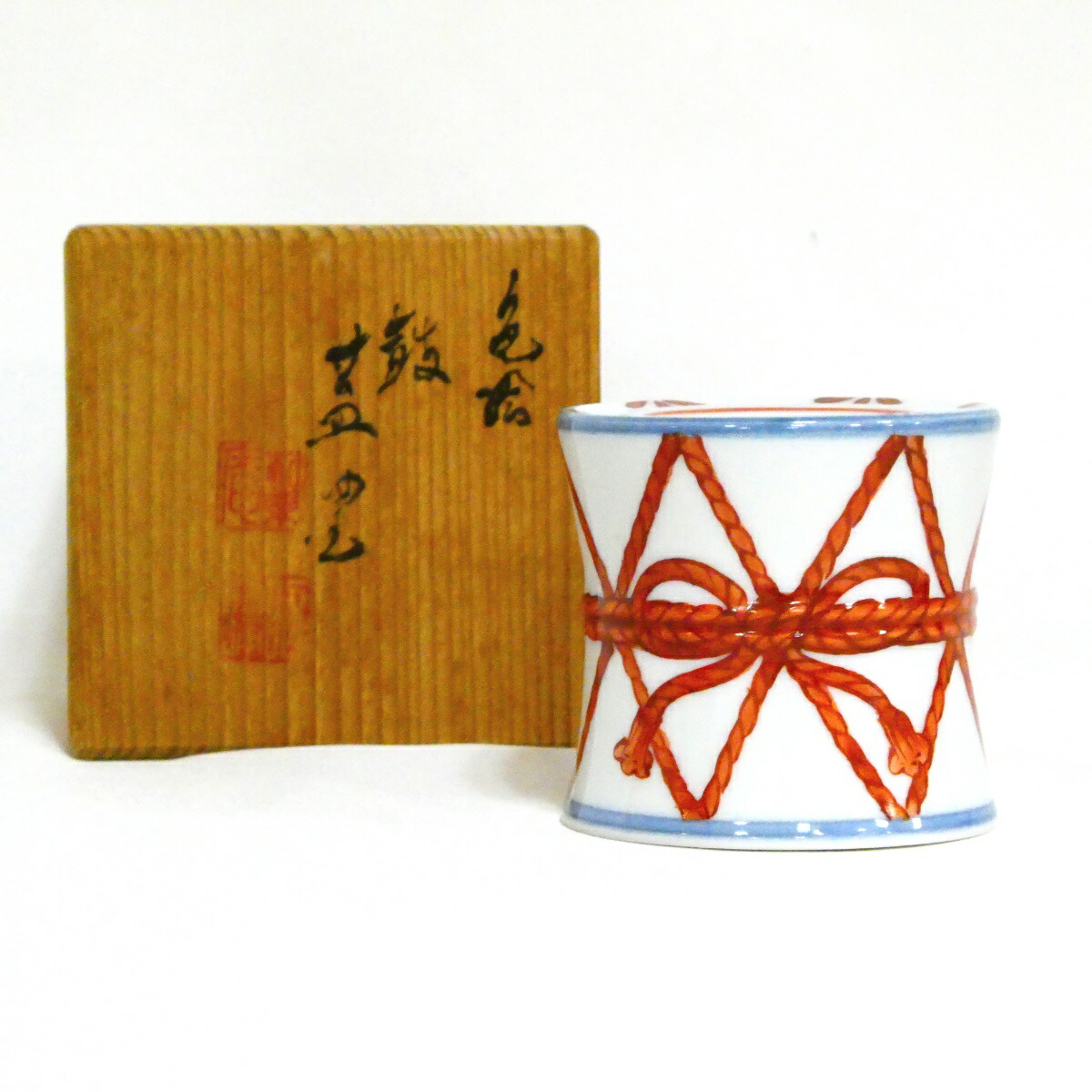 【茶道具】平安 高野昭阿弥作 色絵 鼓蓋置【中古 美品】