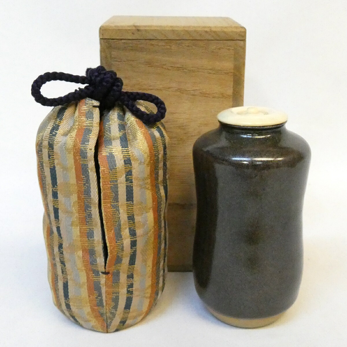 【五月の特売品】長瓢箪茶入  桐箱 仕覆付 茶道具【中古 美品】