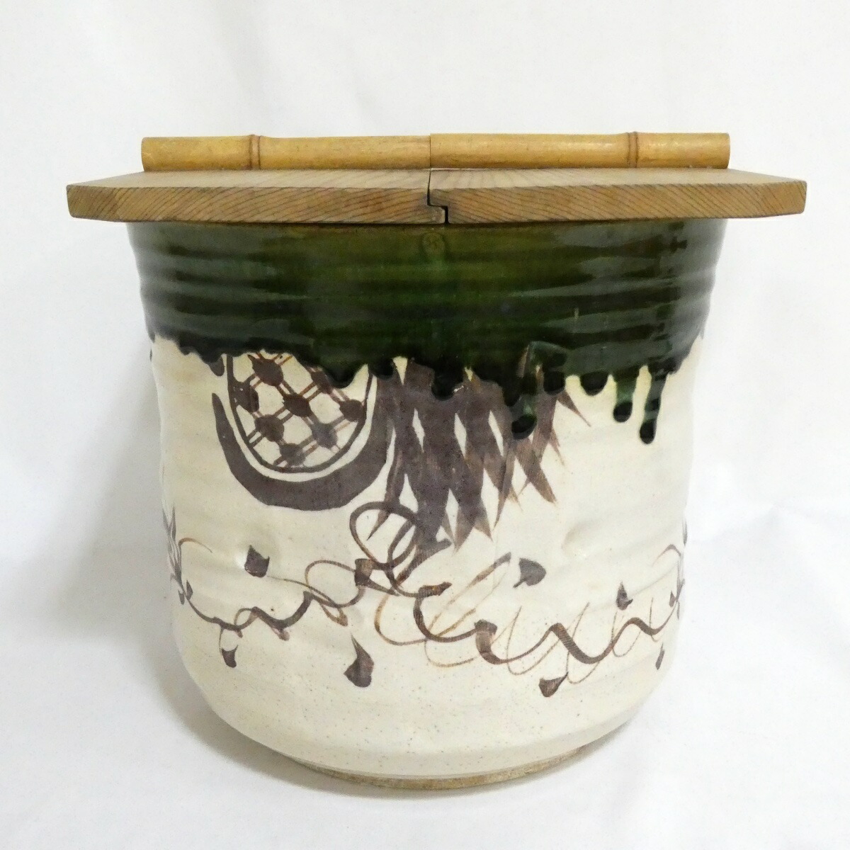 【箱なし特価】加藤景陶作 織部 水屋瓶（大）割蓋付き 茶道具【中古】
