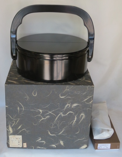 （文月）風炉用 利休形 木製黒真塗手付飯器 杓文字付【税込・送料込】【中古・汚れ】
