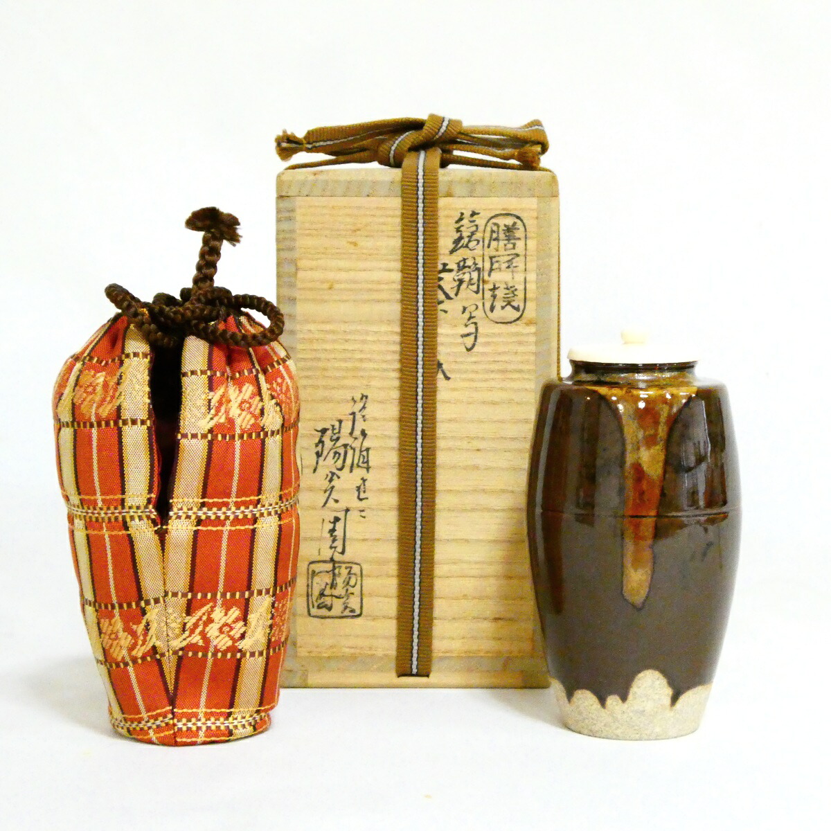 【茶道具】遠州七窯 近江膳所焼 陽炎園作 大名物 鑓鞘肩衝写茶入【中古 美品】