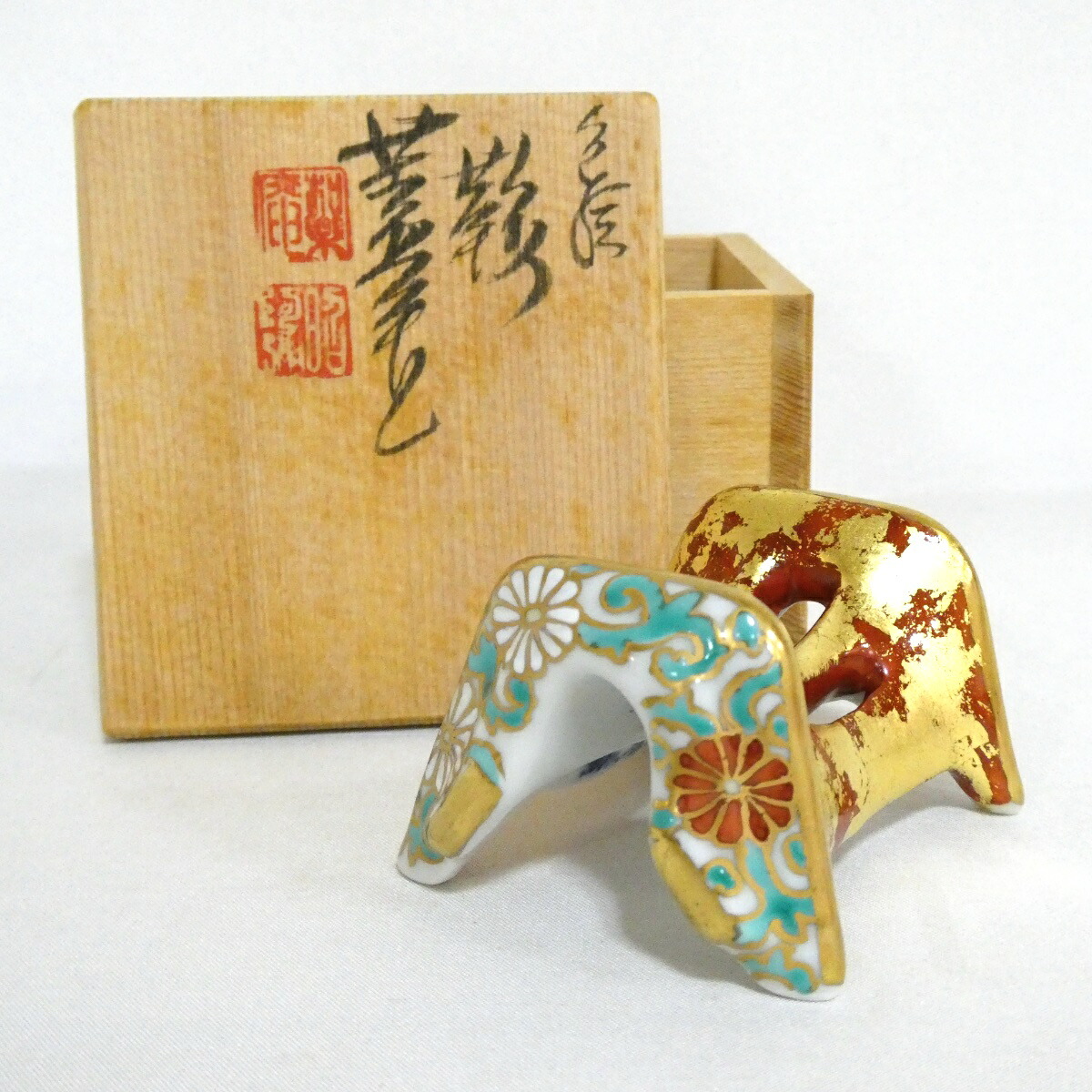 【昭阿弥★祭り】平安 高野昭阿弥作 色絵 鞍蓋置 茶道具【中古】